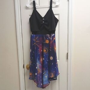 Elegant Black Sleeveless Galaxy Print Womens Dress. Asymetrical Hem, Size L EUC
